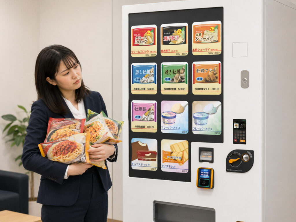たくさんの種類の商品を抱えて、自動販売機の前で悩んでいるスーツの女性