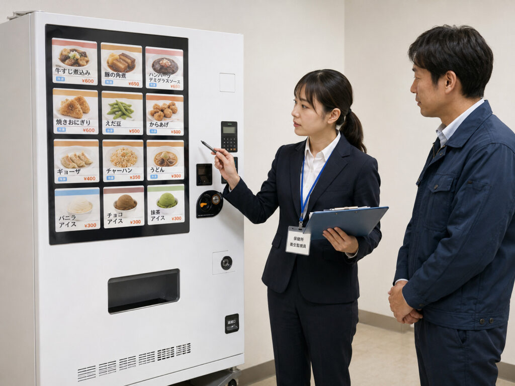 保健所職員の女性が冷凍自販機の前で指導している。所有者の男性が横で説明を聞いている。
