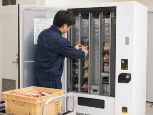 紺色の作業服の男性が、冷凍自販に商品を補充している。